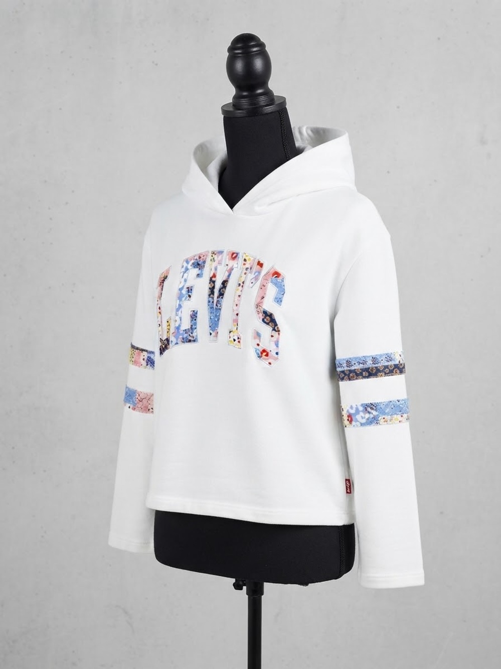 Levi's White Hoodie with Floral Lettering and Sleeve Patchwork Stripes size L